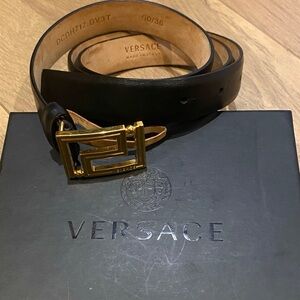 Versace Black Belt with Gold Geometric Buckle